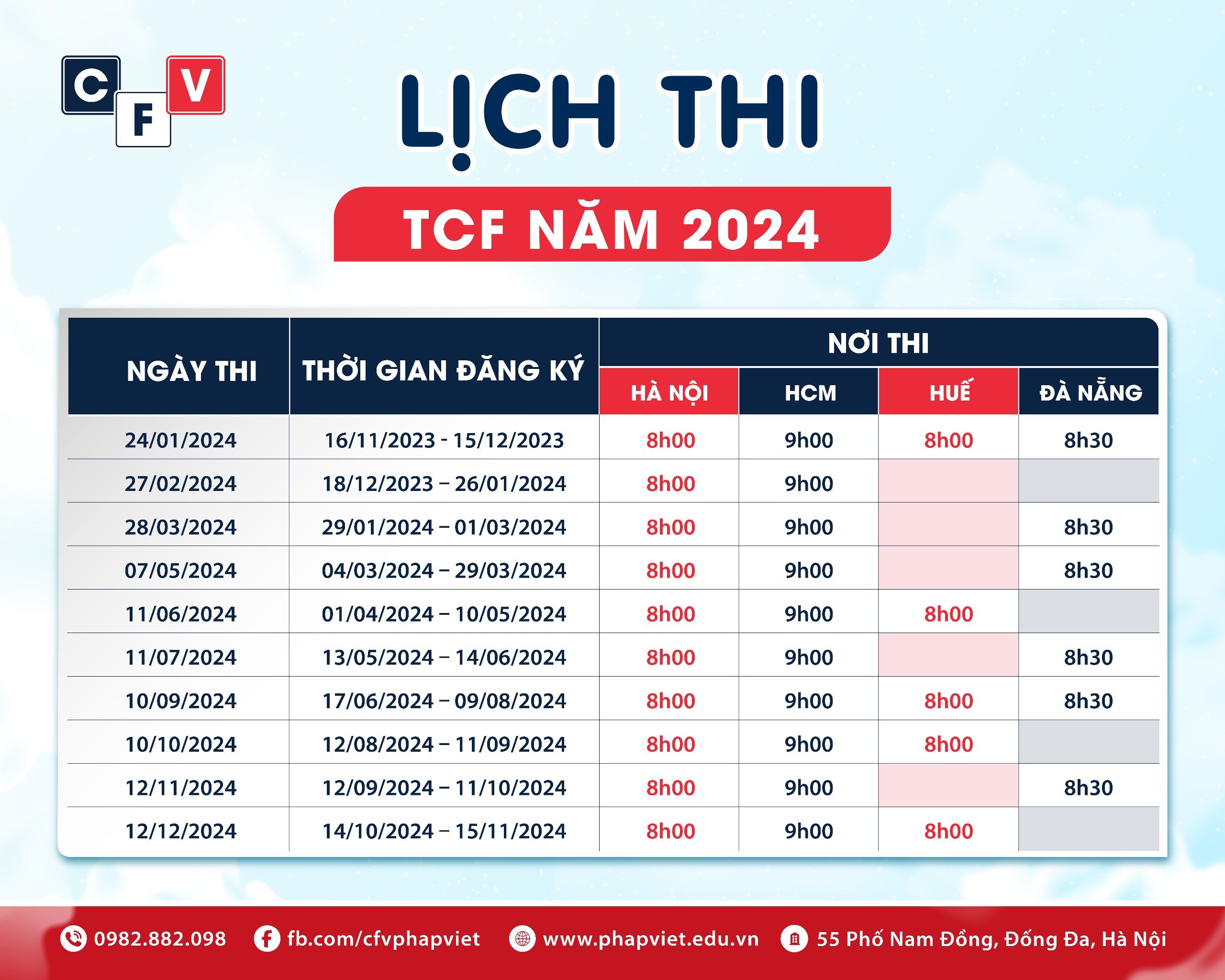lịch thi TCF năm 2024